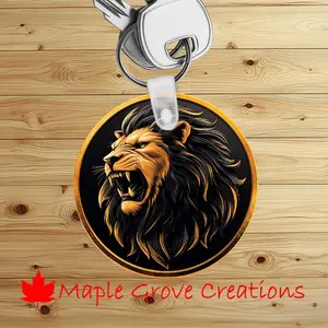 Lion Head Gold Emblem Keychain - 2.5" Round - Gloss White Fiberglass Reinforced Sublimation Plastic Key Tag