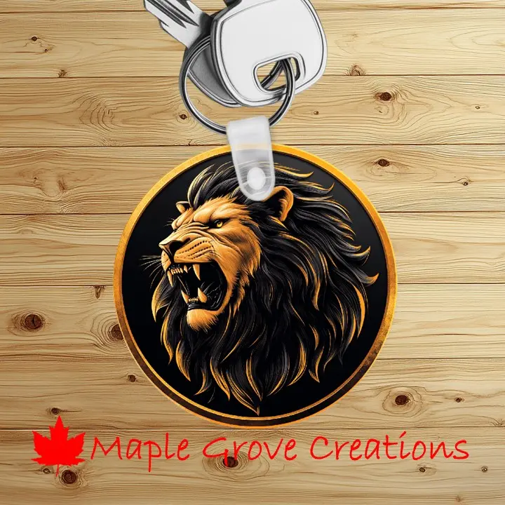 Lion Head Gold Emblem Keychain - 2.5" Round - Gloss White Fiberglass Reinforced Sublimation Plastic Key Tag
