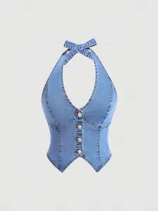 Women's Casual Halter Neck Back Tie Front Button Denim Blouse For Summer
