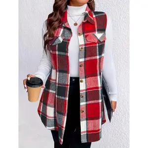 Plus Size Plaid Pattern Sleeveless Button-Front Collared Vest Jacket for Women with Curvy Figures Comfortable Casual Wear