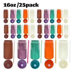 25pack 16oz Glass/Stainless Steel  Glossy Autumn Colored Sublimation Beer Soda Can, with Colored PP Lids & Straw