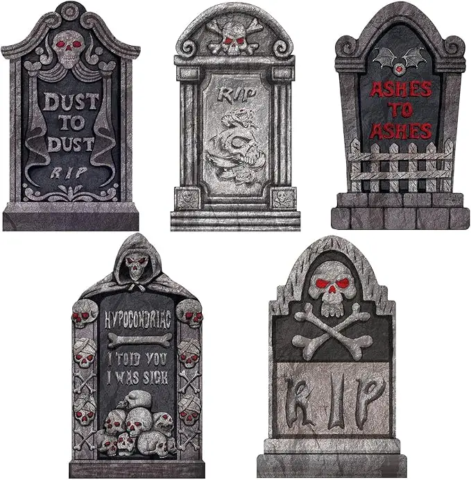 Halloween Tombstones Party Decorations - 5PCS Halloween Decoration Outside Rip Tombstone Outdoor Halloween Decor for Halloween Party Halloween Scary Gravestones Skeleton Decors for Yard Lawn