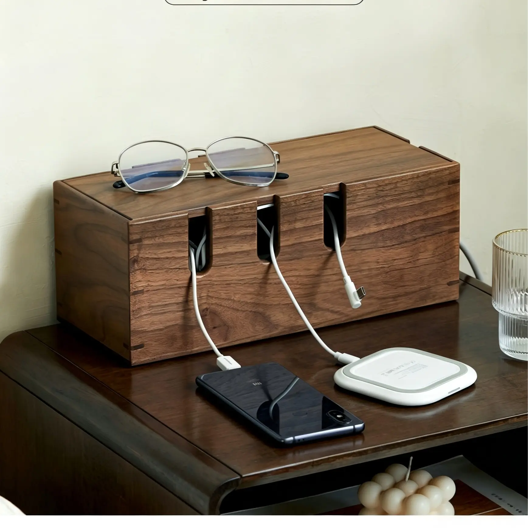 Walnut Wood Cable Organizer Box - Home Office Desk Accessory, Power Strip Hider, Minimalist Cord Storage, Flexible Routing Charging Station, Fits Modern Japandi Decor, Rectangle
