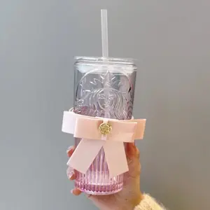 Starbucks overseas Bow Glass Straw Cup 550ml Pink Ribbon Aurora Tumbler Cherry Sippy Cup