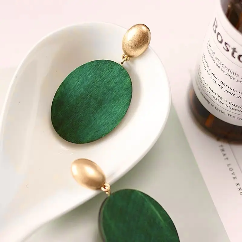 Forest Green Wooden Gold Round Statement Earrings