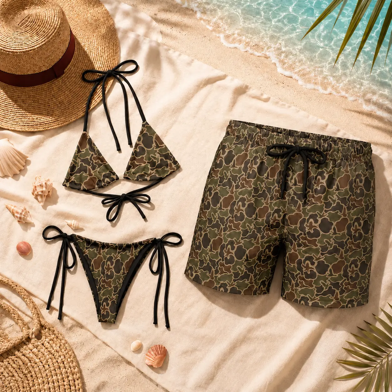 Matching Camo Bikini and Shorts Set – Couples Camouflage Beachwear Swimsuit Outfit