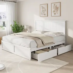 Amerlife Sturdy Platform Bed Frame - Solid Wood Storage Design with 50" Tall Headboard, 2 Drawers, Mid-Century Modern Style, No Box Spring Needed (Indoor Furniture Bed Frames)