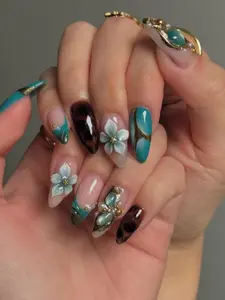 Teal Press On Nails with Flowers&Gems/Handmade Gel Nails In Medium Almond/Glue On Nails/Fall Nails/Birthday Holiday Faux Nails | Wedding Nails