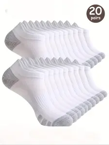 Men's Patchwork Print Ankle Socks, Casual Moisture Wicking Low Cut Socks for Daily Wear, Soft Comfy Breathable Socks for All Seasons, White Socks