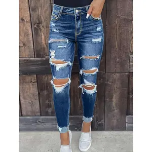 Women's Ripped Mid-Rise Boyfriend Loose Fit Distressed Stretch Jeans Casual Denim