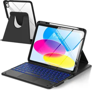 Touchpad for iPad A16 11th/10th Generation Case with Keyboard, 7 Color Backlit 360 Rotation Cover with Pencil Holder,Detachable Keyboard for iPad 11 inch 2025/10th Gen 10.9'' 2022 (Black)