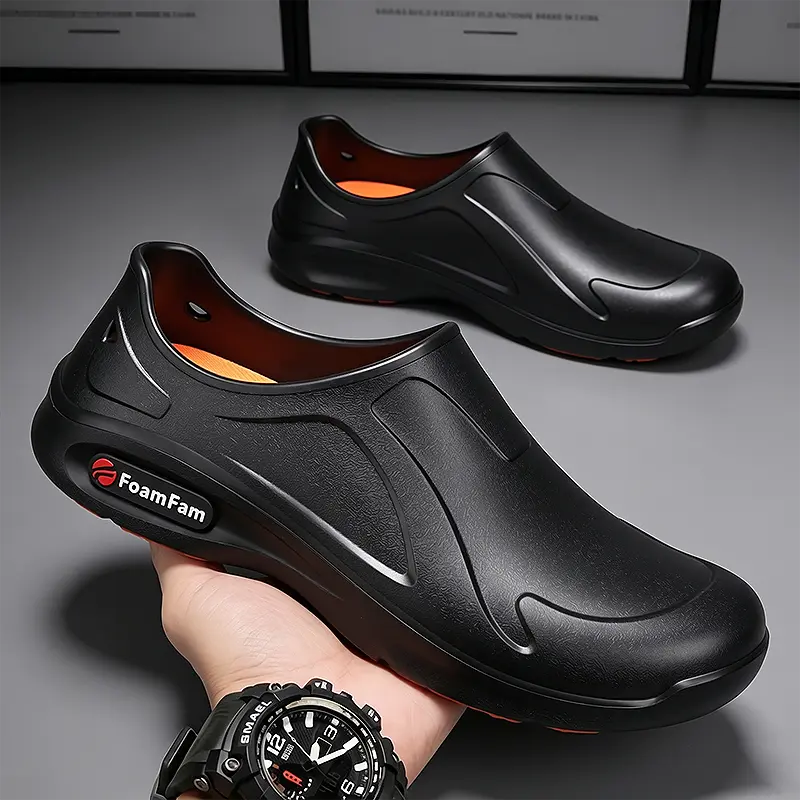 FoamFam Premium Enhanced Chef Clogs: slip-resistant, water-repellent, and plushly supportive.Revamped from timeless traditional chef footwear, built with EVA shell tops and rugged red rubber traction soles.Versatile for commercial kitchen use
