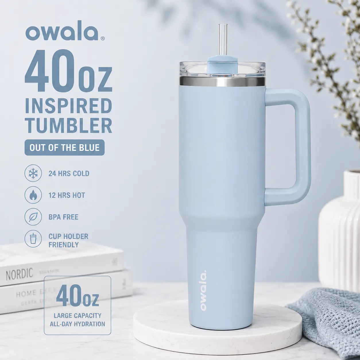 Owala Sky Blue 40oz Tumbler with Handle & Straw, Insulated Stainless Steel Travel Cup, Large Capacity, Gift For Her, Gift For Him
