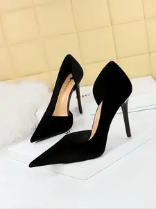 Vintage Luxury Velvet Pointed Toe Stiletto Heels, Side Cutout Design, High Fashion Evening Party Shoes, Available in Multiple Colors