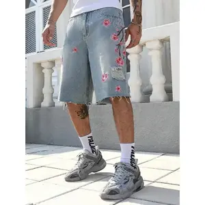 Street Life Men's Floral Embroidered Loose Denim Shorts Jorts Casual Fabric