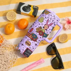 40oz Insulated Stainless Steel Travel Mug with Handle and Lid, Leak-Proof, 12-Hour Cold Drink, Cartoon Burger Print, Large Capacity Cup