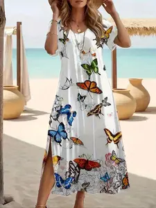 Women's Butterfly Print Scoop Neck Dress, Casual Short Sleeve Dress for Beach Holiday Vacation, Ladies Clothes for Summer