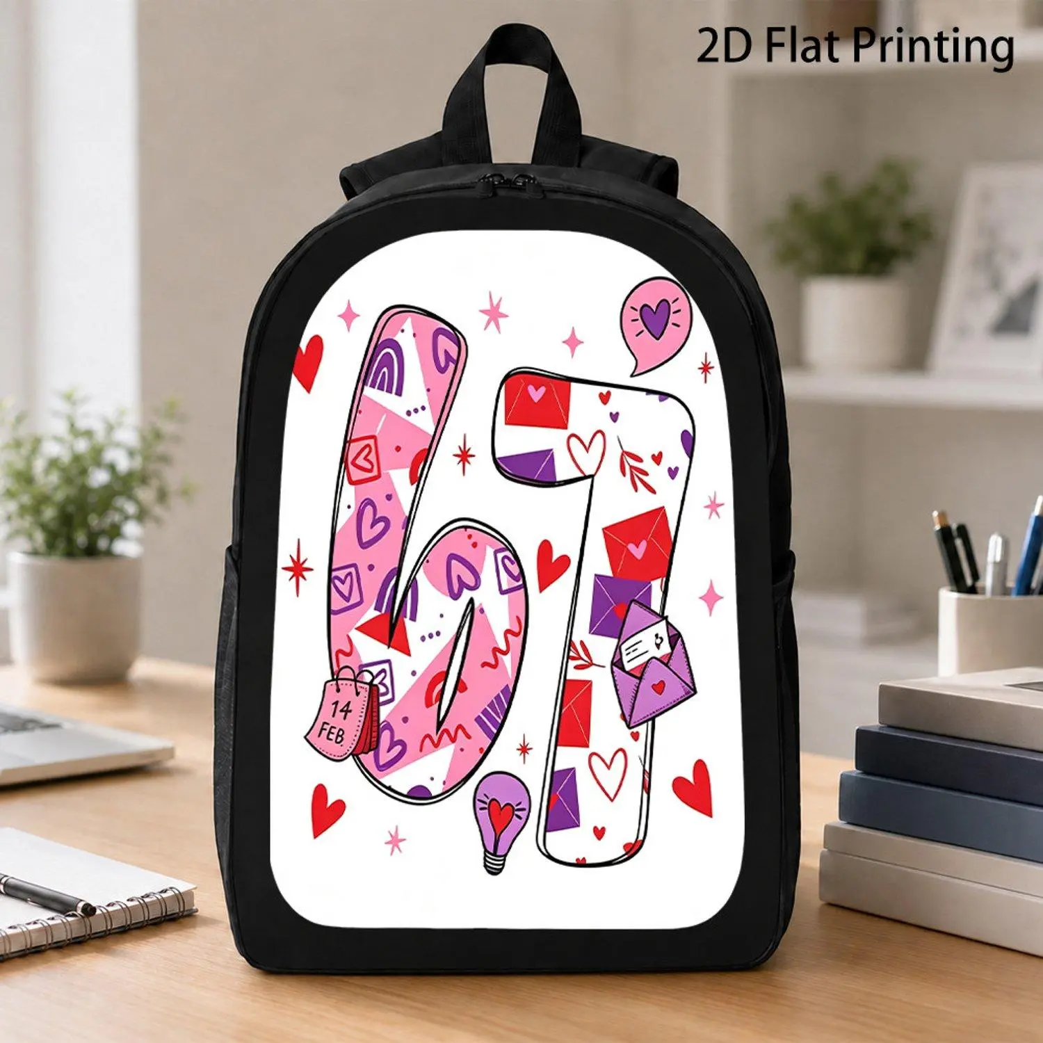 1pc Backpack with Romantic Love Heart Number 67 Print Suitable for Daily Travel and Outdoor Activities