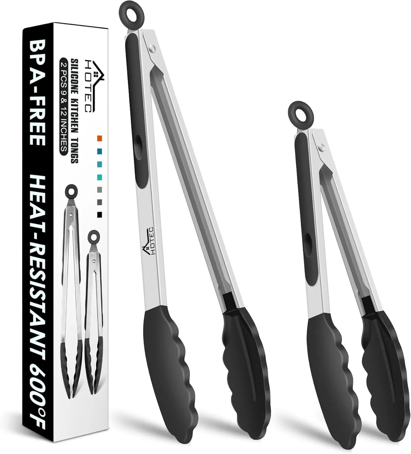 Premium Stainless Steel Locking Kitchen Tongs with Silicon Tips, Set of 2-9" and 12" HOTEC