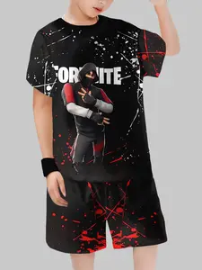Boys' Fortnite Ninja Gaming Cool Set, Graffiti Role Short Sleeve & Shorts Two-Piece, Casual Daily Wear for Game Fans
