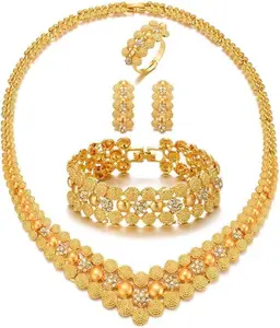 Sajayea Nigerian Women's Party Necklaces Set for Women Golden Luxury 4Pcs Gold Costume Jewelry Sets for Women Mother's Day Gifts Dubai High-Quality Gold Plated with Rhinestone Setting