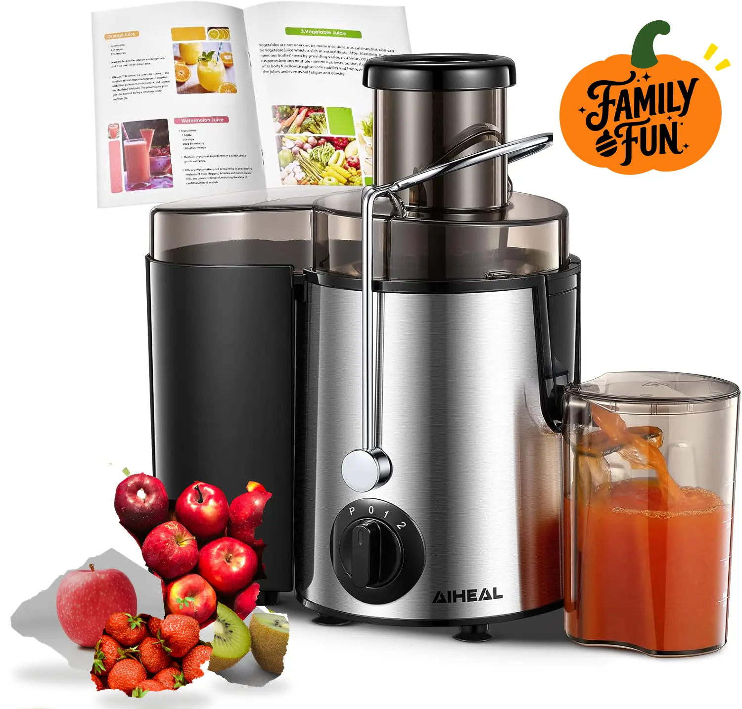 Aiheal Compact Centrifugal Juicer Machine - 3" Wide Mouth High-Speed Extractor, 3-Speed Control, BPA-Free Stainless Steel, Easy to Clean, Countertop Blenders-Compatible, Anti-Slip Feet, Fast Juicing for Home Users, Blends Smoothies Easily, Includes Recipe