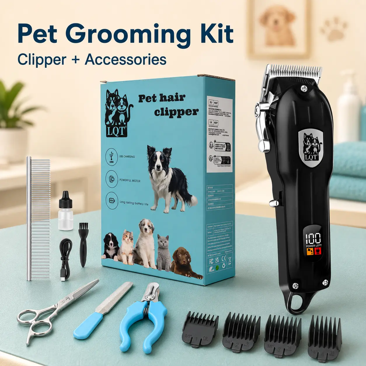 Professional Pet Hair Clipper for Dogs Cats Rabbits, Cordless Electric Grooming Trimmer with LED Display, USB Rechargeable Pet Grooming Kit, Low Noise Motor, Stainless Steel Blade, 4 Guide Combs, Safe Hair Cutting Tool for Home and Salon Use