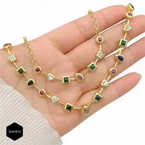 18K Gold Plated Multi-Shape Zircon Necklace with Hearts Squares & Teardrops for Elegant Style Fashion Pendants