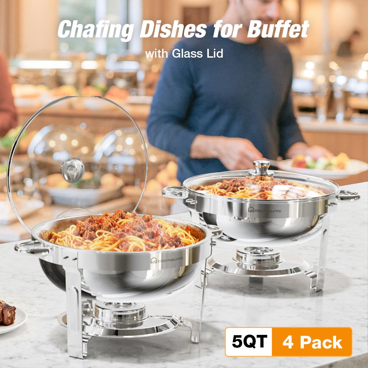 WARMOUNTS Round 5QT Chafing Dishes with Glass Lid (2/4 Pack) – Stainless Steel Buffet Warmers, Mirror-Polished Silver Finish, Lid Holder, Rolled Rim, for Easter Brunch, Weddings & Catering
