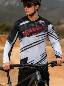 Motorcycle Off-Road Long Sleeve Shirt, Sporty Fitted Design, Random Print Pattern, Moderate Fabric Thickness, All Seasons Wear, Athletic Sports Clothing