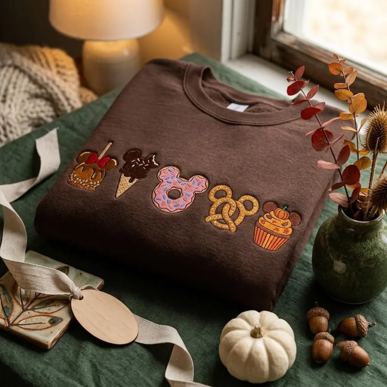 Embroidered Theme Park Treats Sweatshirt, Cotton Apparel With Cute Caramel Apple, Ice Cream Cone, Donut, Pretzel, And Cupcake Graphic, Vacation Clothing