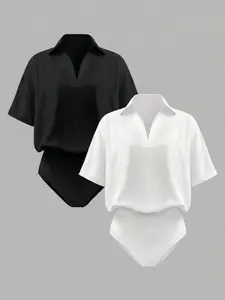 Women's Spring Summer New Fashion Comfortable Fitted Lapel Short Sleeve Patchwork Jumpsuit Set, 2 Piece Casual for Ladies Outfit