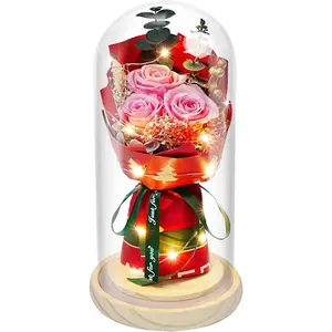 Preserved  in Glass for Her, Real Rose Bouquet with LED Light,Eternal Rose for Women,Wife,Mom,Grandma as Anniversary Birthdays Christmas Valentine's Day Mother's Day,Forever