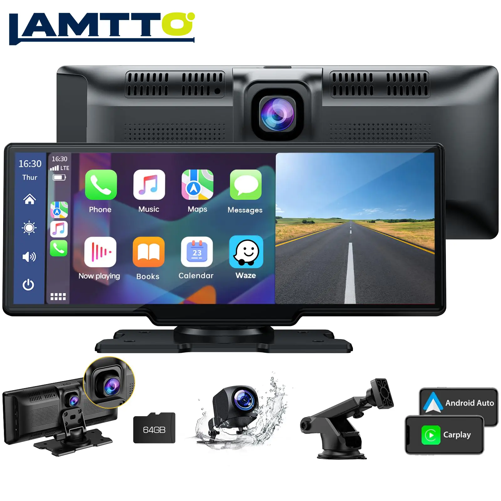 LAMTTO Wireless Carplay Car Screen 9.26", Equipped with DVR Front 2.5K Camera and 1080P Backup Camera （for Dash camera & Assisted Reversing）, Automati