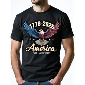 Men'S 250th Anniversary USA Patriotic Eagle & American Flag T-Shirt |   1776-2026 Commemorative Design, 180g Heavyweight, Crew Neck, Short Sleeve, Loose Fit, Slight Stretch Fabric, All-Season Comfort, Medium Elasticity, Casual Attire