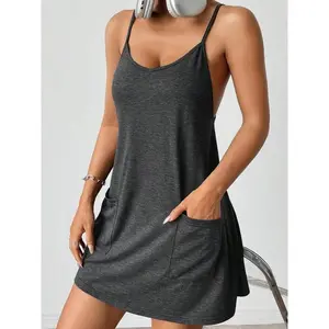 Women’s plain backless pocket cami dress, casual sleeveless spaghetti strap short summer dress, ladies’ clothing for daily wear, Moo Moo Dresses GARMENTARY
