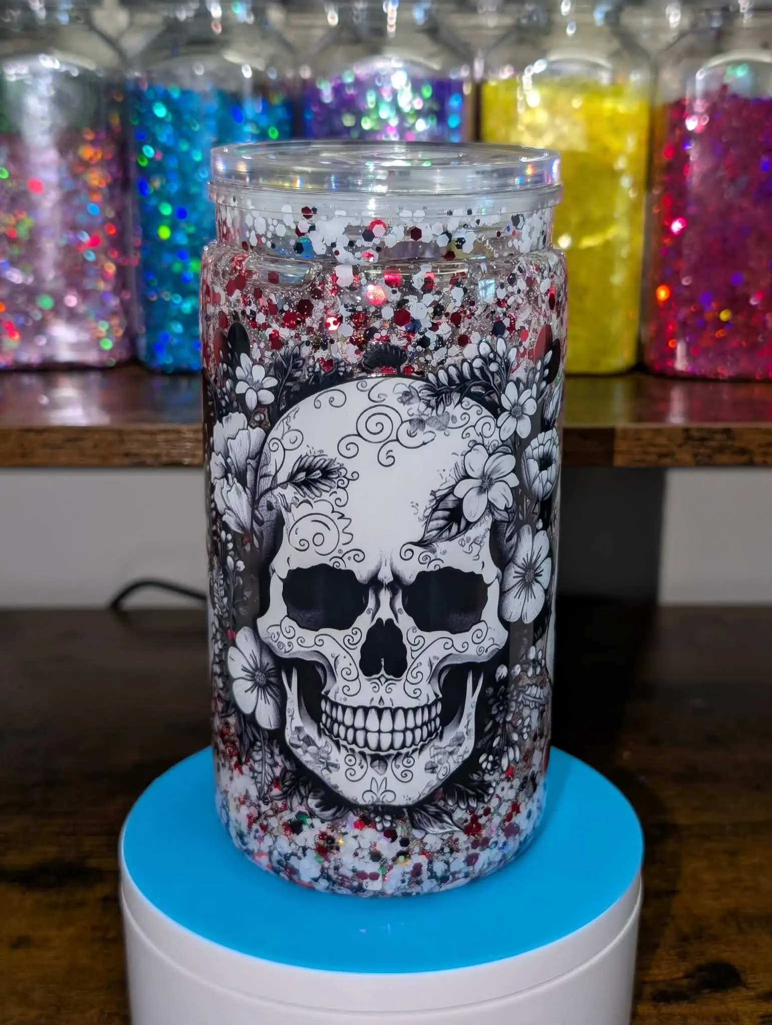 16 oz Acrylic Snow Globe Tumbler with Skull Design | Handmade Glitter Cup