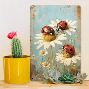 Charming Ladybug & Daisy Metal Wall Art - 20.32x30.48 cm Rustic Iron Decor with Vintage Blue Background & White Daisies, Perfect for Garden, Patio, and Spring Themed Decor, Garden Wall Art | Vintage Wall Art | Weathered Finish, Ladybug Decor
