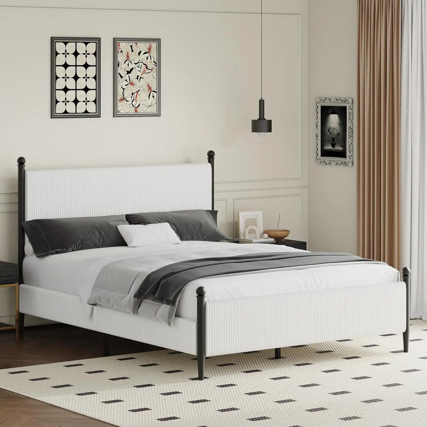 [SummerWins] HOMBCK Bed Frame with Headboard, Upholstered Metal Platform Bed with Corduroy Velvet and Wooden Slats, Sturdy Noise-Free Design, Easy Assembly, No Box Spring Needed, White#home essentials#back to school