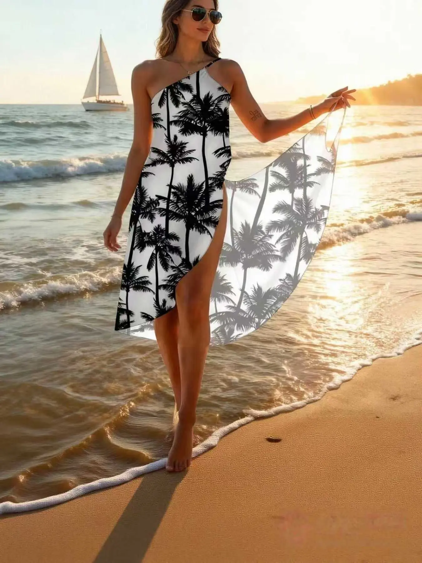 Women's Summer Coconut Tree Sexy Wrap Dress, One-Piece Beach Swimsuit Cover-Up, Party Vacation Style Halter Dress, Beach Outdoor Wear, Beachwear Cover Up, Swimwear Coverups, Swimsuit Coverups