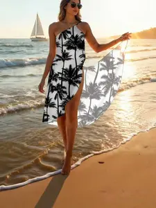 Women's Summer Coconut Tree Sexy Wrap Dress, One-Piece Beach Swimsuit Cover-Up, Party Vacation Style Halter Dress, Beach Outdoor Wear