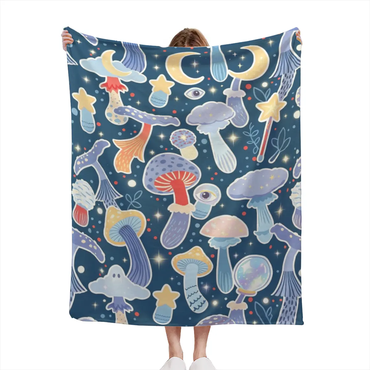 Navy Blue Mushroom Moon Print Throw Blanket, Cottagecore Night Forest Flannel Blanket, Witchy Nature Aesthetic Blanket
