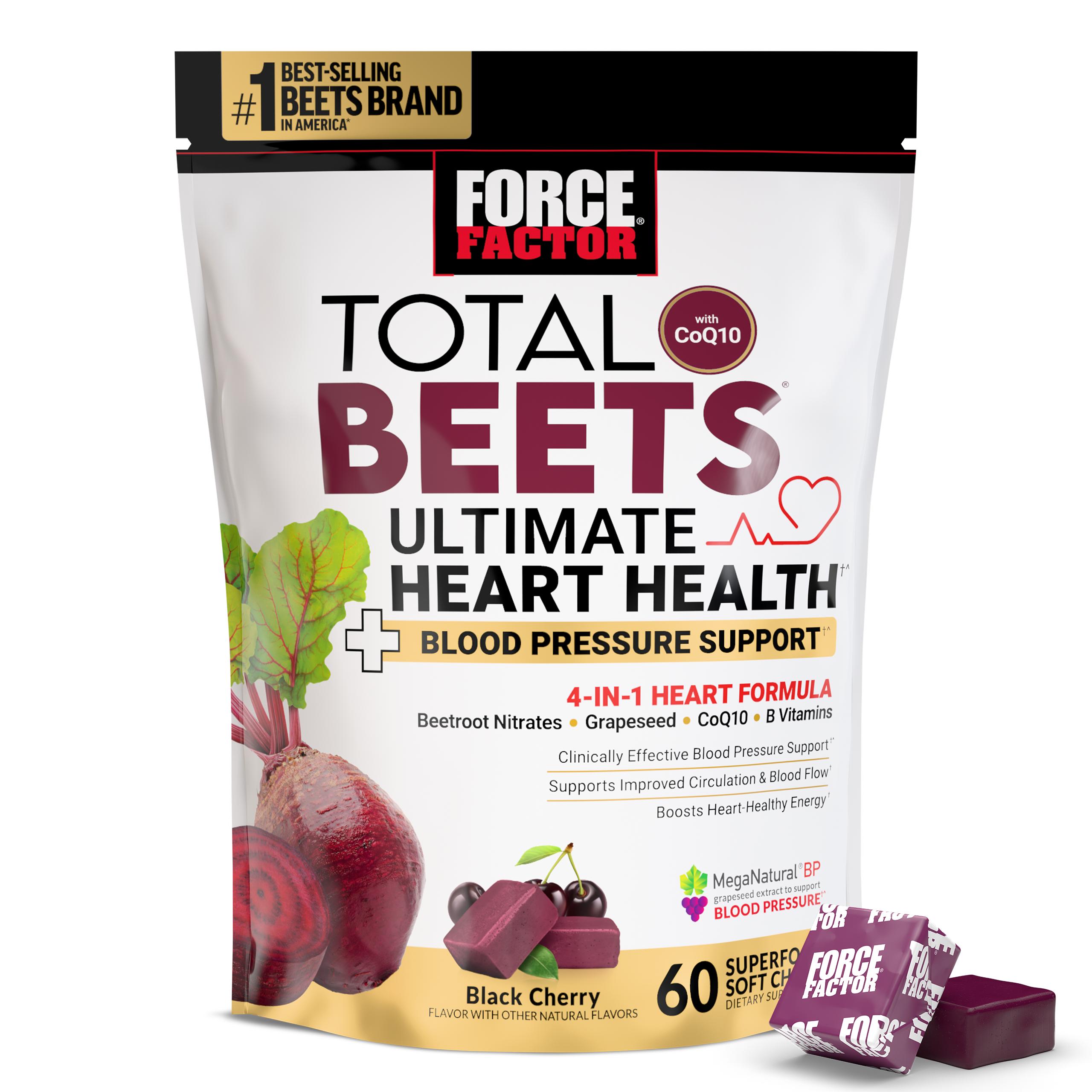 Force Factor Total Beets Ultimate Heart Health Chews for Blood Pressure Support, with Beetroot Powder, CoQ10, B Vitamins & Grapeseed Extract for Blood Flow & Energy, Pomegranate Berry, 60 Soft Chews