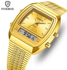 FOXBOX Trendy Fashion Watch Analog & Digital Dual Display Dial Stainless Steel Band Waterproof Luminous Unisex Multiple Colors Perfect Gift Choice