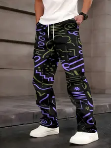 One-piece Purple and Green Cyber Graffiti Men's Cargo Pants, Casual Street Trousers, Casual Straight Leg Street Functional Style with Multi-pocket Design