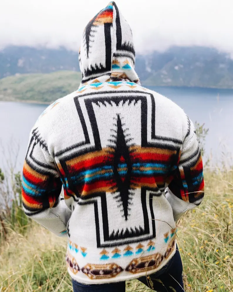 Handcrafted Alpaca Wool Jacket. (White Cross) - Super warm - Machine Washable