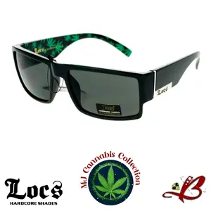 Locs OG MJ Blaze Square Gangster Lowrider Sunglasses Marijuana Street Smoke Black Glossy/Matte Frame Dark Lens Silver Accent Full Rim Cannabis Leaf Print 100% UV Protection Shades | Original & Authentic Locs Gafas De Sol tiktok shop
