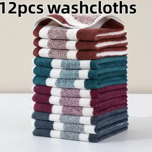 12-pcs Coral Fleece washcloths, Super Absorbent Soft Skin-Friendly, 30cmx30cm, Reusable Wide Stripe Pattern Handkerchiefs, Soft Face Towel