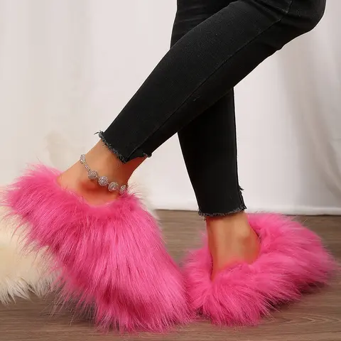 Faux Plush Round Toe Slippers for Women Vibrant Multicolor Plush Slides Cozy Daily Wear Fashion Shoes Springfresh