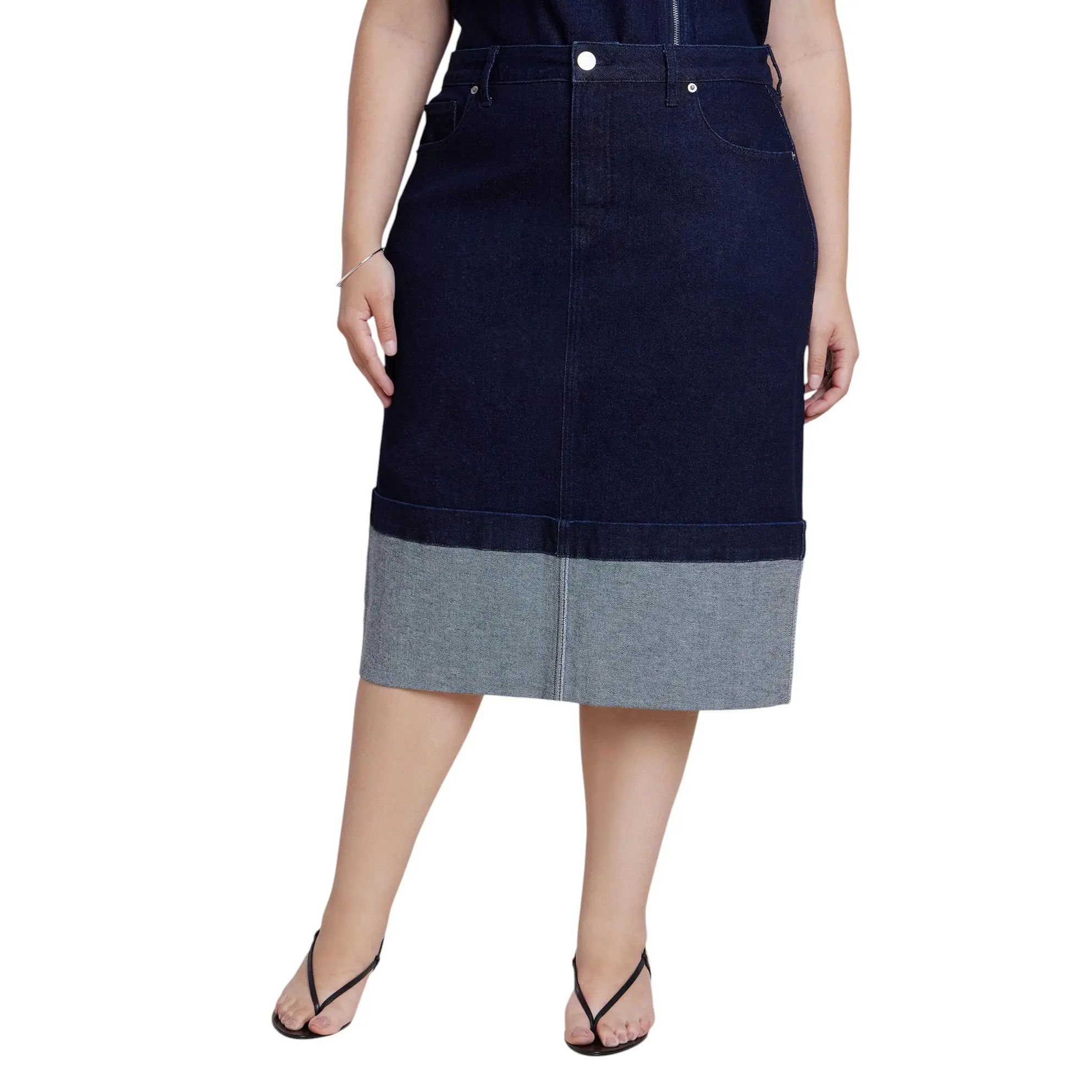 ELOQUII Women's Plus Size Cuffed Hem Stretch Denim Column Midi Skirt